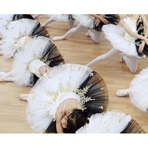 Girls kids black with white ballet dance dress tutu skirt children feather classical pancake ballerina stage performance competition ballet dance costumes for girls